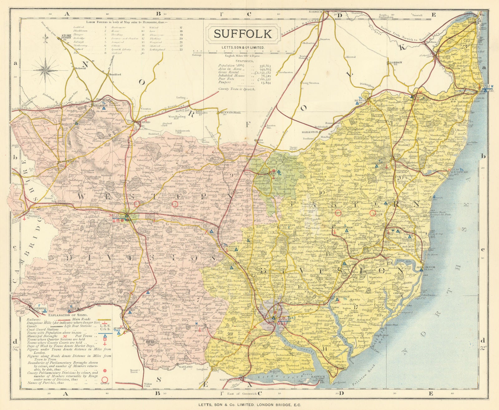 Suffolk county map showing Post Towns & Market Days. LETTS 1884 old